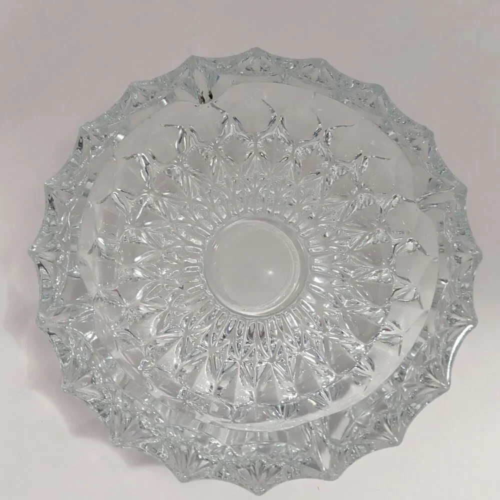 ​Vintage Clear Crystal Ashtray Heavy Diamond Cut Pattern Round Mid Century